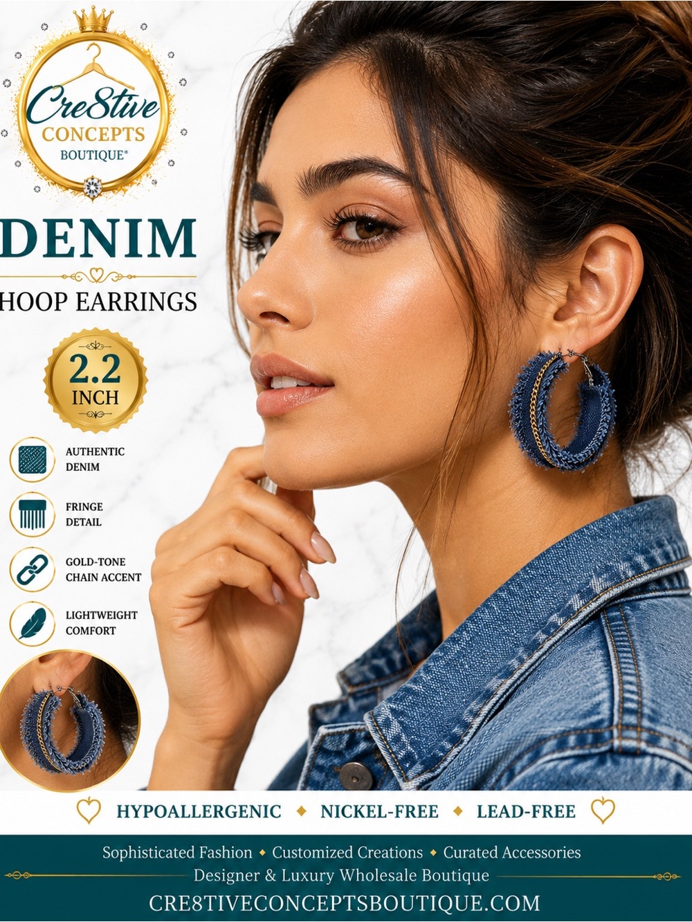 Denim Hoop Earrings with Gold-Tone Chain Accent
